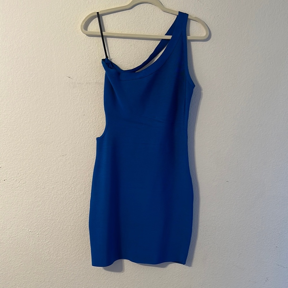 bebe Bodycon Bandage One Shoulder Cut-Out Mini Dress, Royal Blue Color, Size M